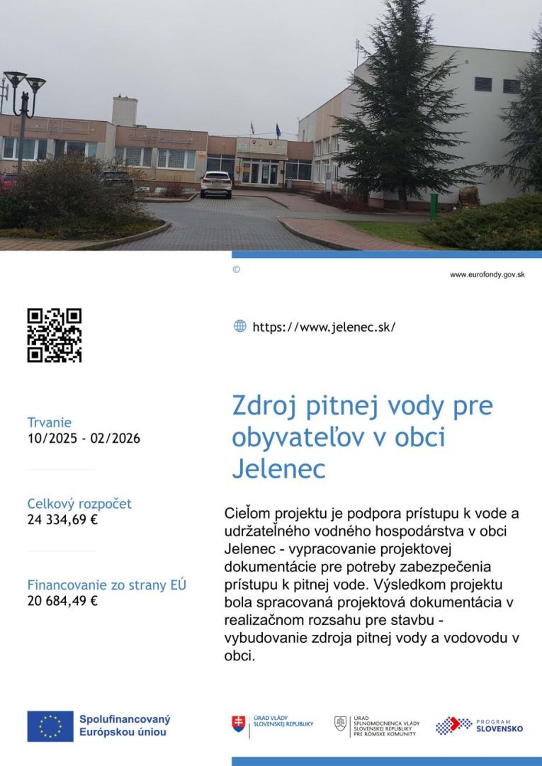 Projekt - Zdroj pitnej vody pre obyvateľom obce Jelenec