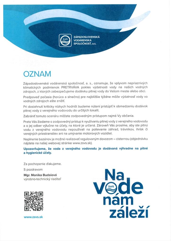 Oznam k pitnej vode 